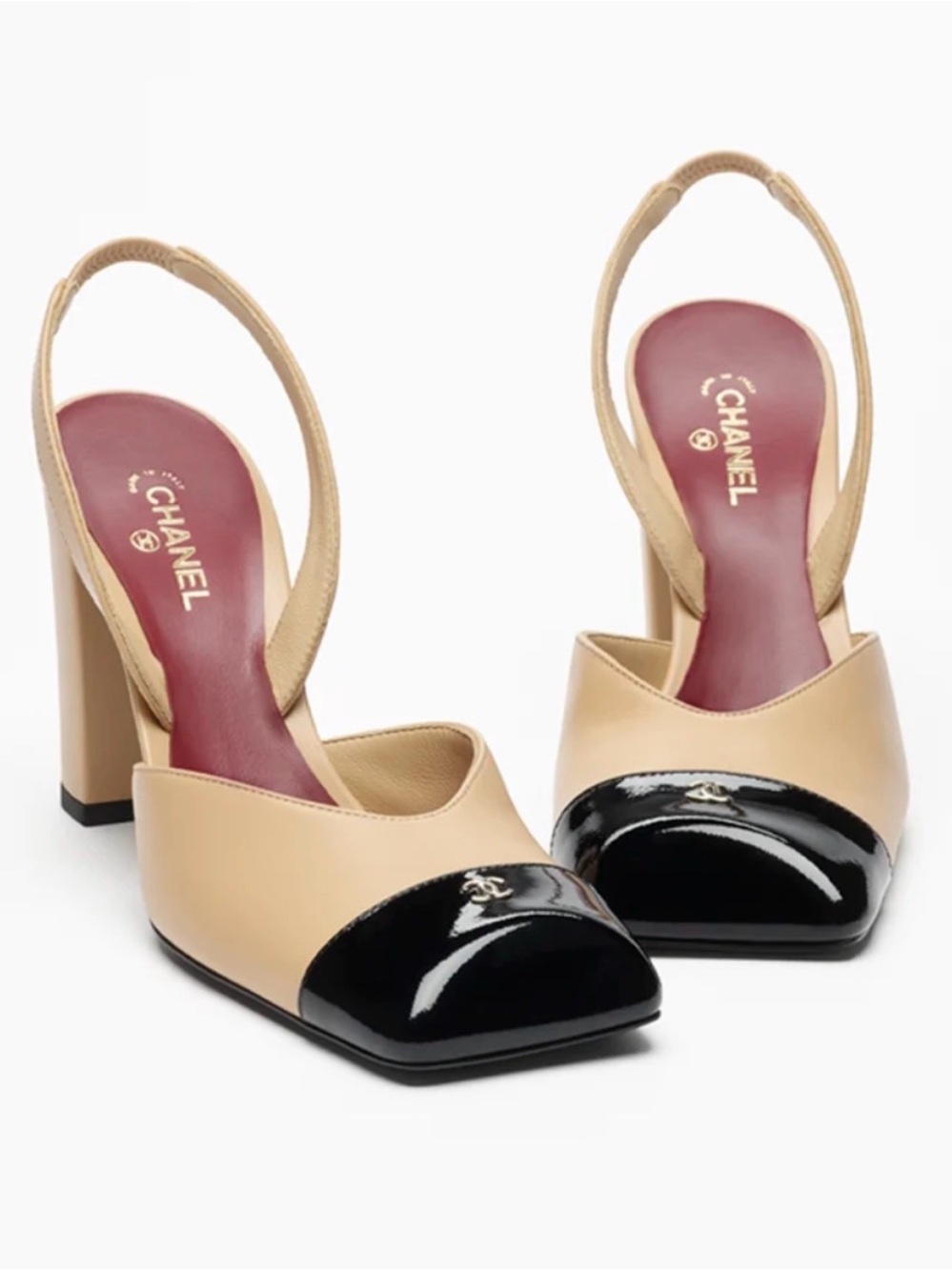 CHANEL SLINGBACKS Summer 26 Lambskin & Patent Calfskin Beige & Black 37.5 New